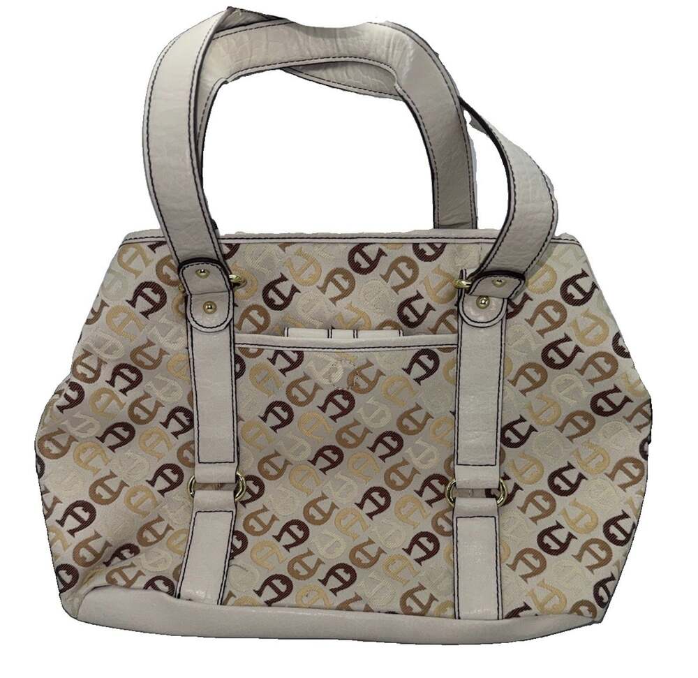Etienne Aigner Monogram Jacquard Satchel Tote Bag Ivory Brown Gold Tone
